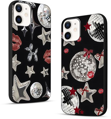 Zrutru 2 Pack Cool Y2K Phone Case for iPhone 12 mini 5.4,Y3K Cute Stars Kawaii Bow Cases Lips Print Disco Ball Red Ribbon Pattern Cover,Black Slim Protection Funda for Women Teens for iPhone 12 mini