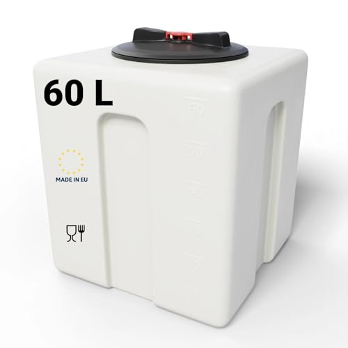 KMND Wassertank 60 Liter Kunststoff Wasserbehältet Regentonne - Weiss | Lebensmittelechtes Polyethylen, UV- Frostbeständig, für Garten, Wohnmobil, Futtertonne Eckig, Camping & Notvorrat, Made in EU