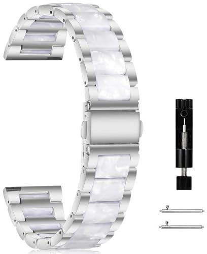 CeiBand Metall Armband Kompatibel mit 20 mm 22 mm, Leicht Kunstharz und Metall Uhrenarmbänder, Ersatzarmband für Herren und Damen - (20mm Silber&Weiß)