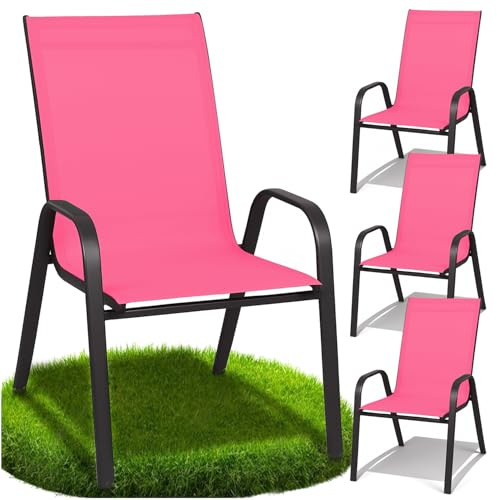 ZOLTA 4X Gartenstuhl Metall Rosa – Outdoor Stuhl Balkon Terrasse – Textilen Stoff stapelbar – Gartenmöbel Set mit Armlehne – wetterfest UV-beständig – ergonomisch & bequem – max. 120 kg Belastung