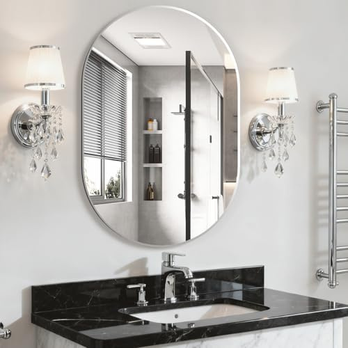 NEUWEABY Oval Badezimmer Spiegel Kapsel Wand Eitelkeit Spiegel, 60x90cm Kissen Spiegel Wand montiert, schwarz große Moderne mit Silber Metallrahmen, Dekor für Schlafzimmer