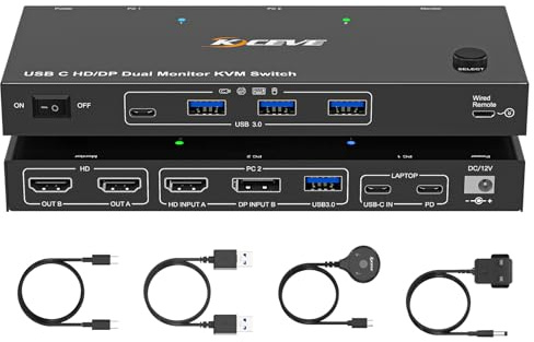 4K@60Hz USB C HDMI DP KVM Switch 1 PC 1 Laptop Sharing 2 Monitors and 4 USB 3.0 Ports, PD 73W for Laptops, Dual Monitor KVM Switches with Cable Remote Control and USB Cable