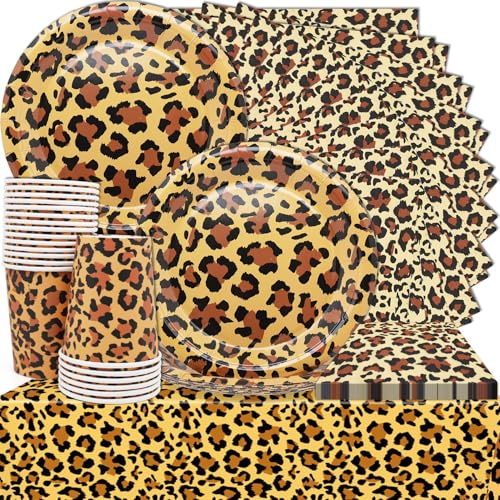 Huaxintoys 61 Piezas Vajilla para Fiesta de Leopardo, Estampado Leopardo Suministros de Fiesta, Diseño de leopardo, Platos Tazas Servilletas de Decoraciones de Fiesta temáticas de Safari de Animales