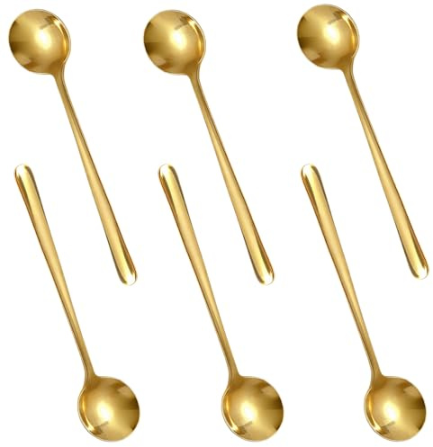 6 Stück Gold Dessertlöffel, Runde Kleine Edelstahl Kaffeelöffel 13,5 cm | Mini Löffel Espressolöffel Set, Elegantes Modernes Design Teelöffel, Rührlöffel für Kaffee Zucker Dessert, Spülmaschinenfest
