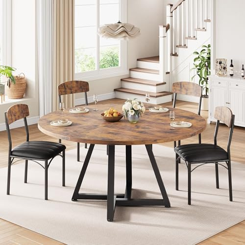 Esstisch Runder und 4 Esszimmerstühle Set, Essgruppe 5-Teilig, Küchentisch mit stabilem Metallgestell und 4 stühle, platzsparender Esszimmertisch aus Holz im Industrial Design (Vintage Braun, 130cm)