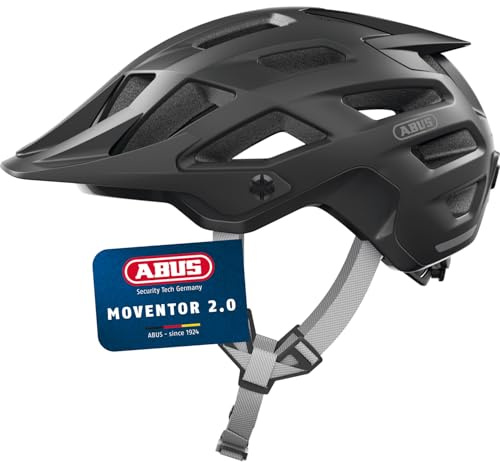 ABUS MTB-Helm Moventor 2.0, Schwarz, S | Fahrradhelm mit Verstellsystem, höhenverstellbarer Schirm, Zopf-Öffnung, Steckverschluss