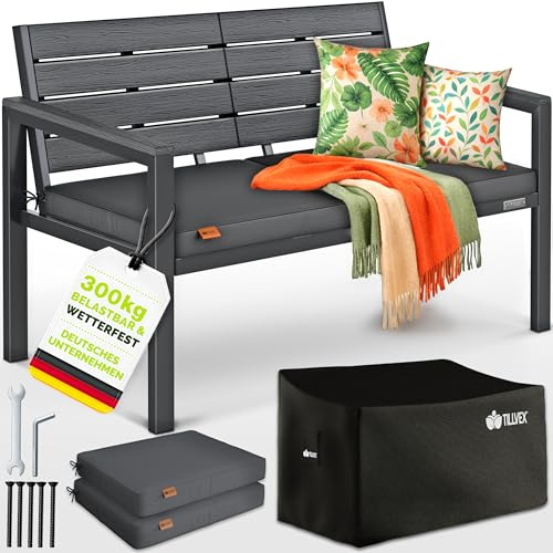 tillvex® Gartenbank Wetterfest 2-3 Sitzer mit Abdeckung & Kissen bis 300kg | Parkbank Holzoptik UV-beständig | Sitzbank inkl. Auflage für Garten Terrasse Balkon | Balkonbank mit waschbarem Polsterbezug