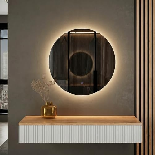 Planetmöbel Flur Garderobe Set Konsolentisch 100 cm | Spiegel mit Beleuchtung rund (ohne Rahmen), Wand-Konsole 100 x 16 x 35 cm (gold eiche / weiß), Nova Wandspiegel 60 x 60 cm