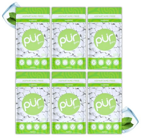 PUR Gum Chicle Sin Azúcar, Con Xilitol, Vegano, Sin Aspartamo y Sin Gluten, Chicle Natural Con Sabor a Coolmint, 55 Piezas (Paquete de 6)