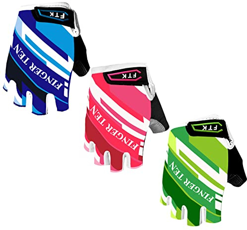 FINGER TEN Kids Cycling Gloves Padded Boy Girl Youth, Outdoor Sport Road Mountain Bike 1 Pair, Gel Padding Bicycle Half Finger Pair (Green, Small)