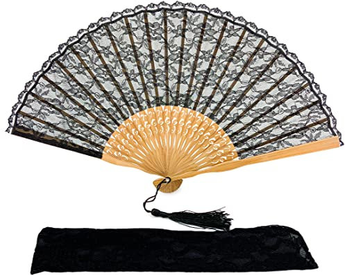 FANSOF.FANS Premium Vintage Lace Fabric Handheld Folding Fan with Grade A Bamboo Ribs for Women Girls Event Birthday Wedding Favour With Tassel (Style05)