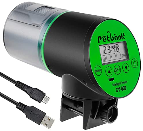 Petbank Mangiatoia Automatica Acquario - Timer Ricaricabile con Cavo di USB Charger, Mangiatoia Pesci con Display LCD, Dispenser Cibo Pesci Automatico,Verde