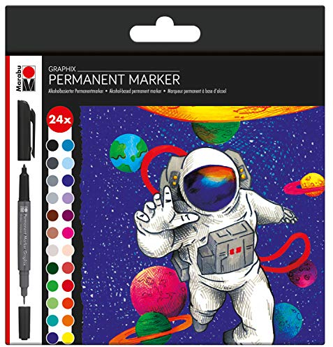 Marabu 0147000000102 - Permanent Marker Graphix 24er Set Hero of Galaxy, mit Doppelspitze 1-2 mm und 0,5 mm, brillante Farben, schnelltrocknende, alkoholbasierte Tinte, geruchsarm und wasserfest
