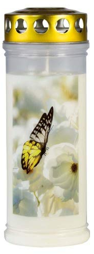 JEKA Grabkerze - Schmetterling Motiv, 21,5 cm, 7,5 cm, 100% Pflanzenöl, 150-160 Std Brenndauer, Unparfümiert, Outdoor, Kerze