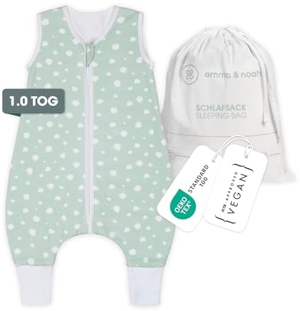 emma & noah Baby Schlafsack mit Füßen 1.0 TOG, Ganzjahres Schlafsack mit Beinen für den Frühling, Sommer und Herbst, 100% Bio-Baumwolle, Oeko-TEX Zertifiziert (Punkte Mint, 110 cm)