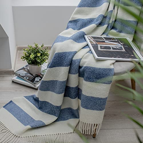 Linen & Cotton Warme Decke Wolldecke Gestreift Streifen Wohndecke Kuscheldecke Malmo - 100% Reine Neuseeland Wolle, Blau (140 x 200 cm) Lammwolldecke Sofadecke Überwurf Plaid Sofa Couch Schurwolle