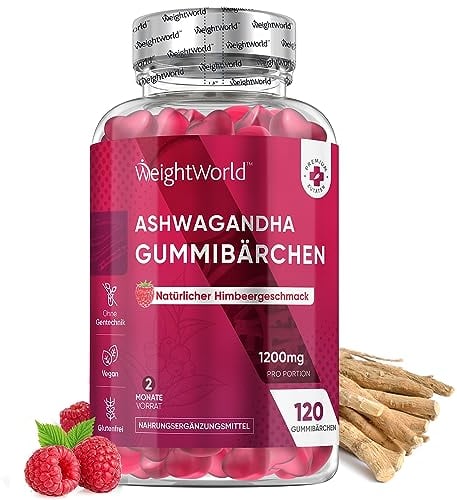 Ashwagandha Gummies - 1200mg pro Portion - 120 Vegane Gummibärchen - 2 Monate Vorrat - Natürlicher Himbeergeschmack - Alternative zu Ashwagandha Kapseln - Täglich 2 Gummibärchen - WeightWorld