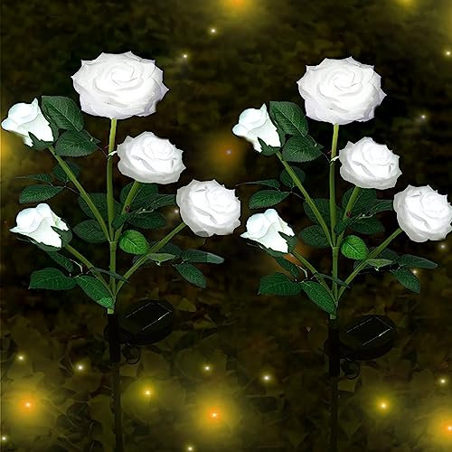 XRR Solarleuchten Garten Deko,2 Stück Solar Rose Lichter für Außen Wasserdicht Solarlampen mit 10LED, LED Solar Gartenleuchte für Garten, Büsche, Rasenflächen, Zäune,Rasen,Terrasse(Weiß)