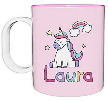 Fupies Tazza in plastica personalizzata con nome unicorno con arcobaleno e stelle, Rosa