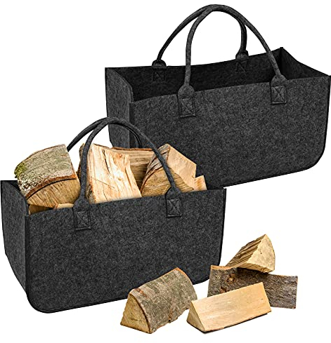 Froadp 2 Stück Filz Kaminholztasche Filztaschen Tragfähigkeit bis 30KG Tragbarer Feuerholzkorb aus Vliesstoff Faltbare Spielzeugtasche Kamintasche Widerstandsfähig Holzkörbe (Dunkelgrau)