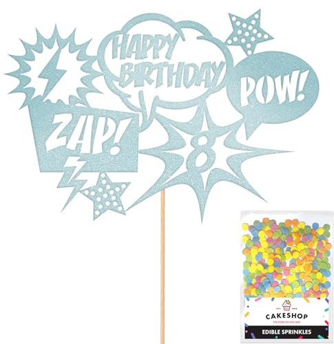 Personalised Superhero Comic Pow! Zap! Glitter Cake Topper- Light Blue Any Custom Age Glitter Cake Decoration and Sprinkles - Happy Birthday Decorations - Personalised Toppers for Cakes by Cakeshop