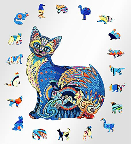 Cat Wooden Jigsaw Puzzles X-Large (A3 Size) Unique Animal Shapes in Wooden Gift Box for Adults - 173 Pieces (Cat)