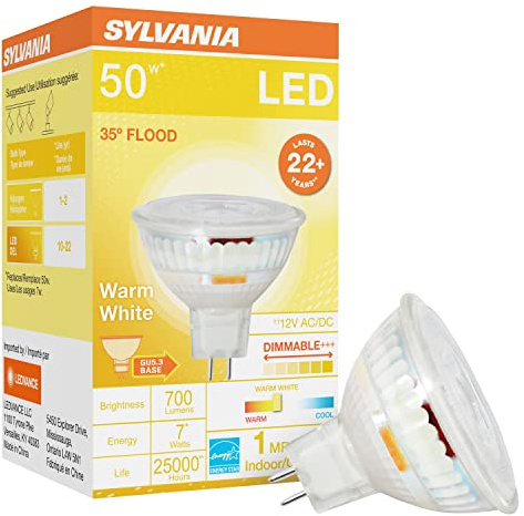 Sylvania LED Flood MR16 Light Bulb, 50W Equivalent, 7W Efficient, GU5.3 Bi-Pin Base, 35 Degree Angle, Dimmable, 3000K, Bright White - 1 Pack (41379)