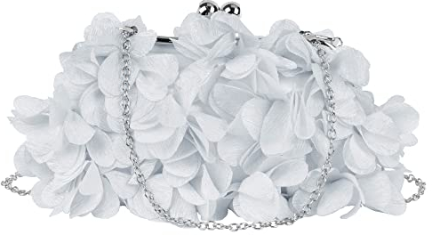 MEGAUK Damen Elegante Handtasche Blumen Clutch Seide Abendtasche Henkeltasche Crossbody Bag mit Kette Kisslock Design, Silber