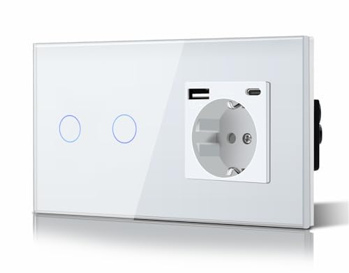 BSEED Schuko Lichtschalter mit Steckdose Unterputz 2 Fach 1 Weg Lichtschalter + 3 in 1 Steckdose mit 2.1 A USB Ladeleistung und Type C Adapter Aufladestation Verlängerungssteckdosen Glas 157mm Weiß