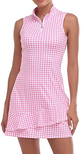 Viracy Tennis Dress for Women Sleeveless Golf Dresses with Shorts and Pockets Ruffle Zip Up Stand Collar Golf Outfits, Pink Houndstooth, S