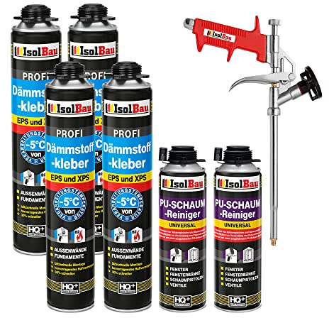 Isolbau B2 Dämmstoffkleber SET - 4 x 750 ml Perimeterkleber, 2 x PU-Schaum-Reiniger & 1x Schaumpistole für EPS & XPS-Platten - 1K PU-Klebeschaum für Fixieren und Isolieren