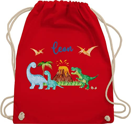 Turnbeutel Rucksack - Geschenk Dinosaurier personalisiert mit Name I Dino I Dinos - Unisize - Rot - sportbeutel junge kita beutel für wechselwäsche tier trex stoffbeutel kindergartentasche jungen