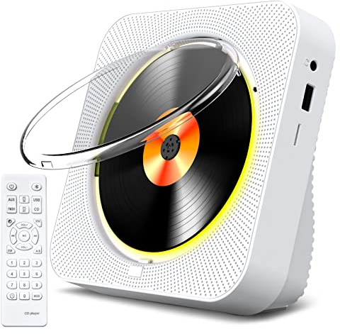 KOVCDVI Lettore CD Bluetooth 5.1 Lettore CD da tavolo con 5W Doppi Altoparlanti Luce Telecomando Copertura Della Polvere Display FM Radio Timer Cuffie USB/SD Card/AUX Playback