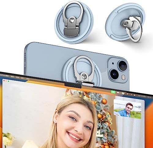 PROfezzion 3-in-1 Aluminum Magnetic Camera Mount for MacBook Webcam, Continuity Camera Mount for iPhone 16 16 Plus 16 Pro 16 Pro Max 15 14 13 12 & Mac OS Ventura/Later, with Tripod Hole(BLUE)