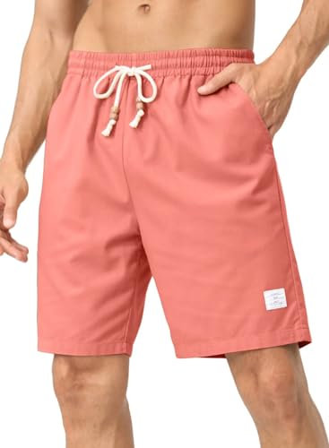 JMIERR Uomo Lino Pantaloncini con Tasche e Marchio Bermuda Leggero Estivo Pantaloni Corti Rosa L