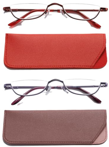 Hubeye Half Moon Reading Glasses Metal Half Frame Ultra Thin Readers 2.00 | Slim, Ultralight, Ultra Thin Readers, Pocket, Spring Hinge, Men Women, Glasses Holster for Free, Comfortable Wear, Purple+Red