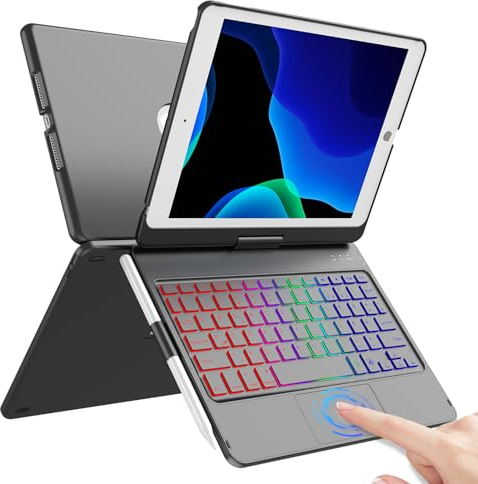 CC Store Hülle mit Tastatur für iPad 10.2, 360° Drehbare Touchpad für iPad 9/8/7 Generation, Kabellose Bluetooth Trackpad mit 7 Hintergrundbeleuchtung, Auto Sleep/Wake, QWERTZ Layout