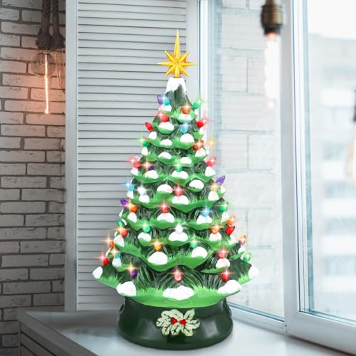 Uiifan Extra Large Nostalgic Ceramic Christmas Tree with LED Lights - Hand Painted Vintage Tabletop Figurine for Holiday Decorations (Green)
