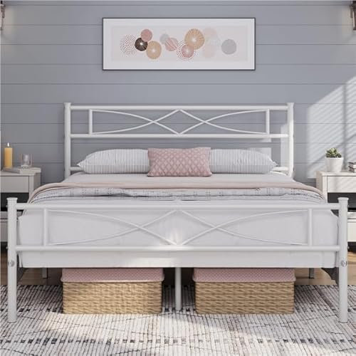 Yaheetech Cadre de Lit 140x200 cm avec Sommier, Lits en Métal Double pour Adultes 2 Personnes Deux Places, Sommier à Lattes et Tête de Lits, 32cm Espace de Rangement, Assemblage Simple, Blanc