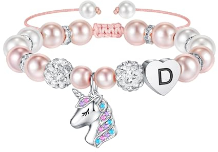TINGN Einhorn Armband - Rosa Perlen Armband mit Buchstaben D für Mädchen - Einhorn Armkette Anhänger Armbänder Geschenke für Mädchen Schmuck