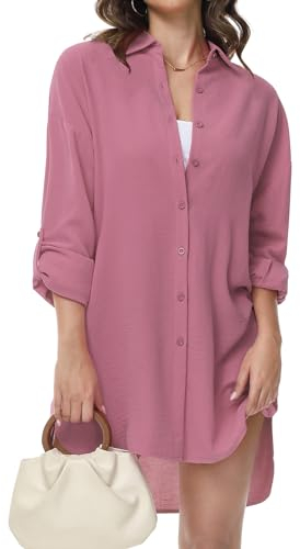 Tanmolo Damen Bluse V-Ausschnitt Hemdbluse Langarm Lässiges Hemd zum Knöpfen Langarmshirt Casual Oberteile Aufrollen Tops (Dunkelrosa,L)