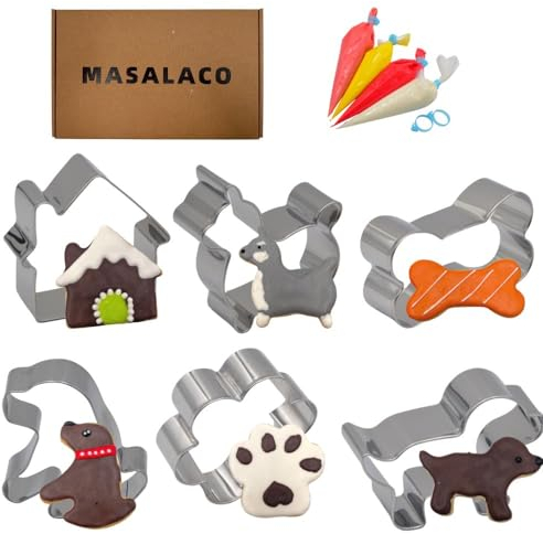 MASALACO Ausstechformen-Set für Hunde, 6-teiliges Set, Schnauzer, Labrador, Hundeknochen, Pudel und Hundehütte, Edelstahl und Spritzbeutel