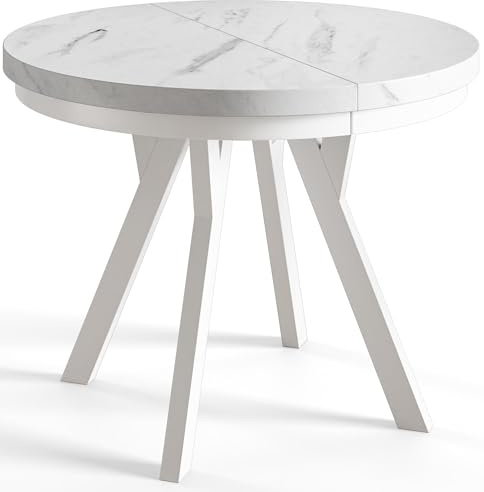 AlpiMeble Runder Esstisch ausziehbar – Moderner Wohnzimmertisch und Küchentisch – Tisch mit Holzbeinen, stabile Konstruktion, Durchmesser 90 cm - 190 cm - Farbe MARMUR - Kollektion Evo