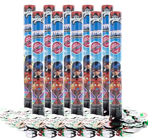 Party Factory – Konfettikanone Miraculous Party Popper 10er Set – Partygadgets Konfetti Kanone 40cm mit bunt schimmernden Schnipseln für Kindergeburtstag – Bis 8m Flughöhe, für Innen & Außen