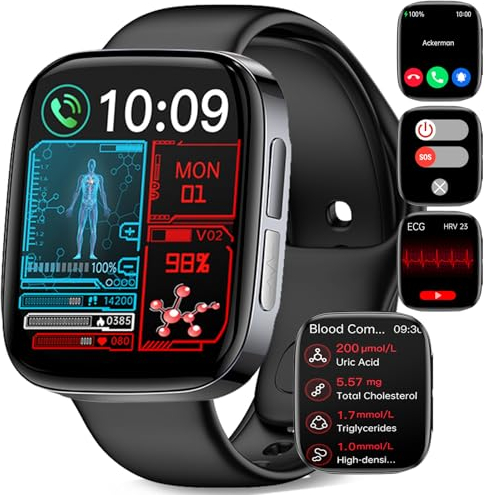 YYKY Smartwatch Damen Herren ΒΙυtzυcker,2.04”AMOLED mit EKG+HRV/Harnsäure/BMI/Annehmen/Anruf tätigen 2024 Smartwatch mit SOS-Notruf/Sportuhr Smartwatch für Android iOS (Schwarz)
