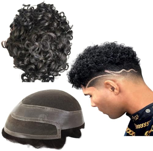 Toupet für Männer, Echthaar-Perücken, Herren-Toupet mit weichen, Periphere PU+feinen Schweizer Spitzenhaareinheiten, 10 mm gewelltes Herren-Perücke-Toupet-Haar,10 x 8 (#1 Jet Black)