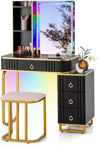 GIANTEX Schminktisch mit Hocker, Kosmetiktisch mit Spiegel, RGB-LED-Streifen, Diamant-Spiegelrand, 7 statische & 7 dynamische LED-Modi, Frisiertisch mit Ladestation & Verschiedene Stauräume (Schwarz)