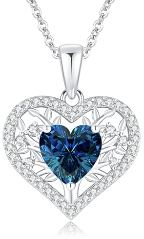 LAVUMO Lebensbaum Herz Kette Damen 925 Sterling Silber Geburtsstein Anhänger Halsketten Geburtstagsgeschenk für Frauen Freundin Mama Valentinstag Muttertags Weihnachten (Silber-09-September)