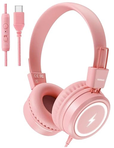 KONNAO Kid Headphones for School, USB Type C Kids Headphone with LED Lights, Wired Boys Girls Headphones with Safe Limiter 85dB/94dB, Foldable On Ear Headphones with Microphones for School/iPad, Pink