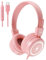 KONNAO Kid Headphones for School, USB Type C Kids Headphone with LED Lights, Wired Boys Girls Headphones with Safe Limiter 85dB/94dB, Foldable On Ear Headphones with Microphones for School/iPad, Pink